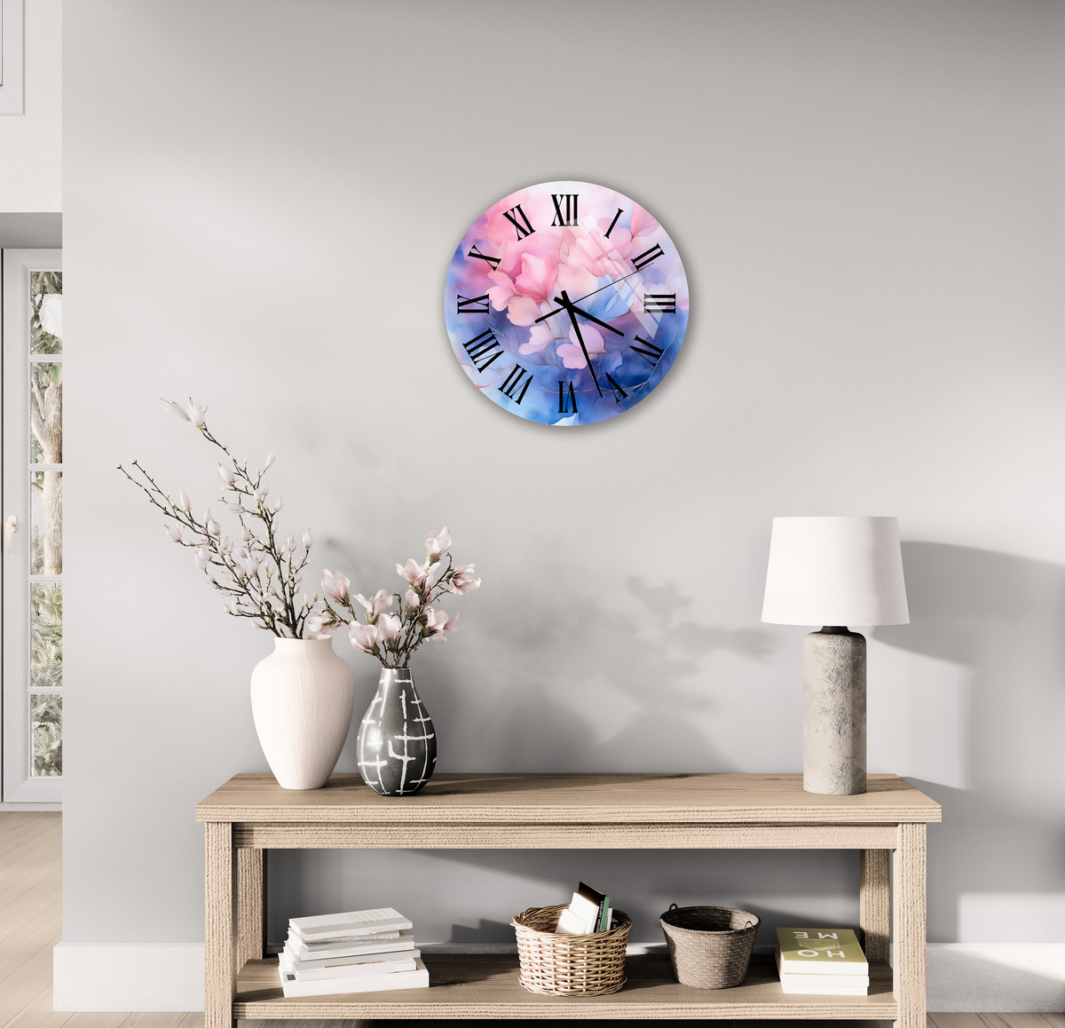 Tempered Glass Wall Clock Watercolor Pink and Blue Floral Design Wall Art