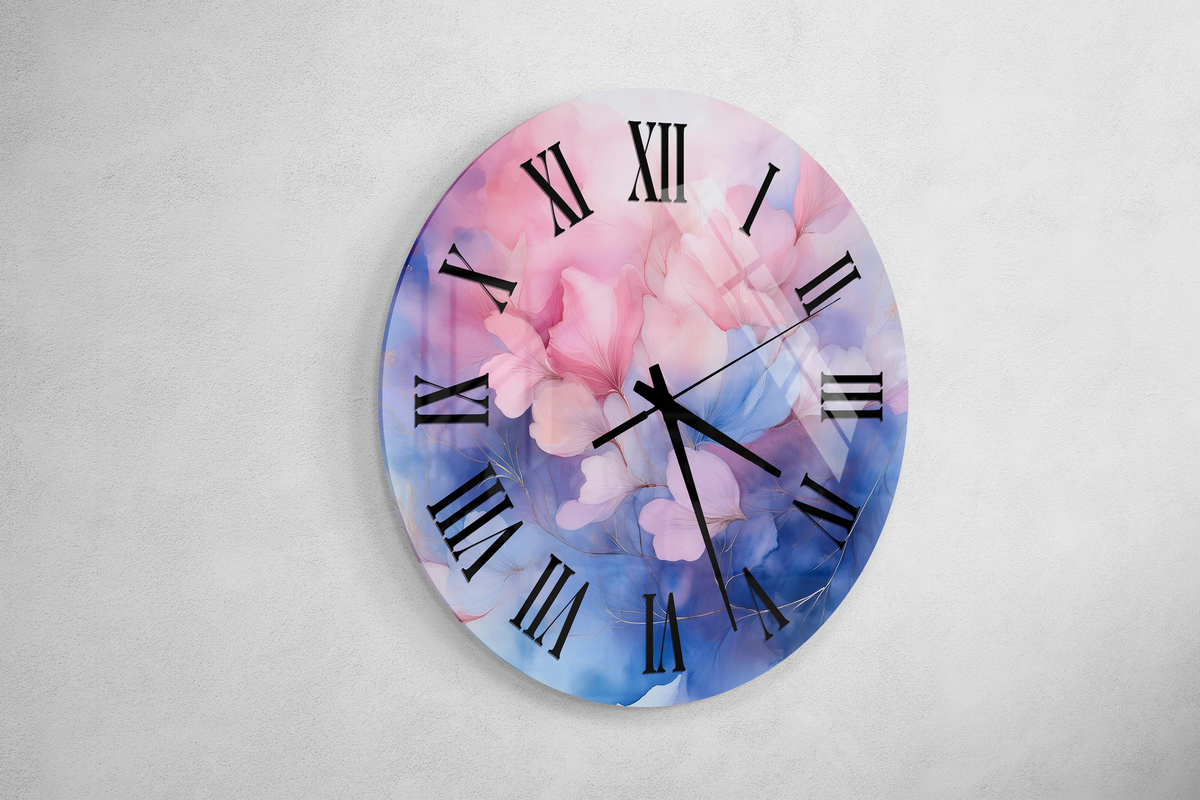 Tempered Glass Wall Clock Watercolor Pink and Blue Floral Design Wall Art