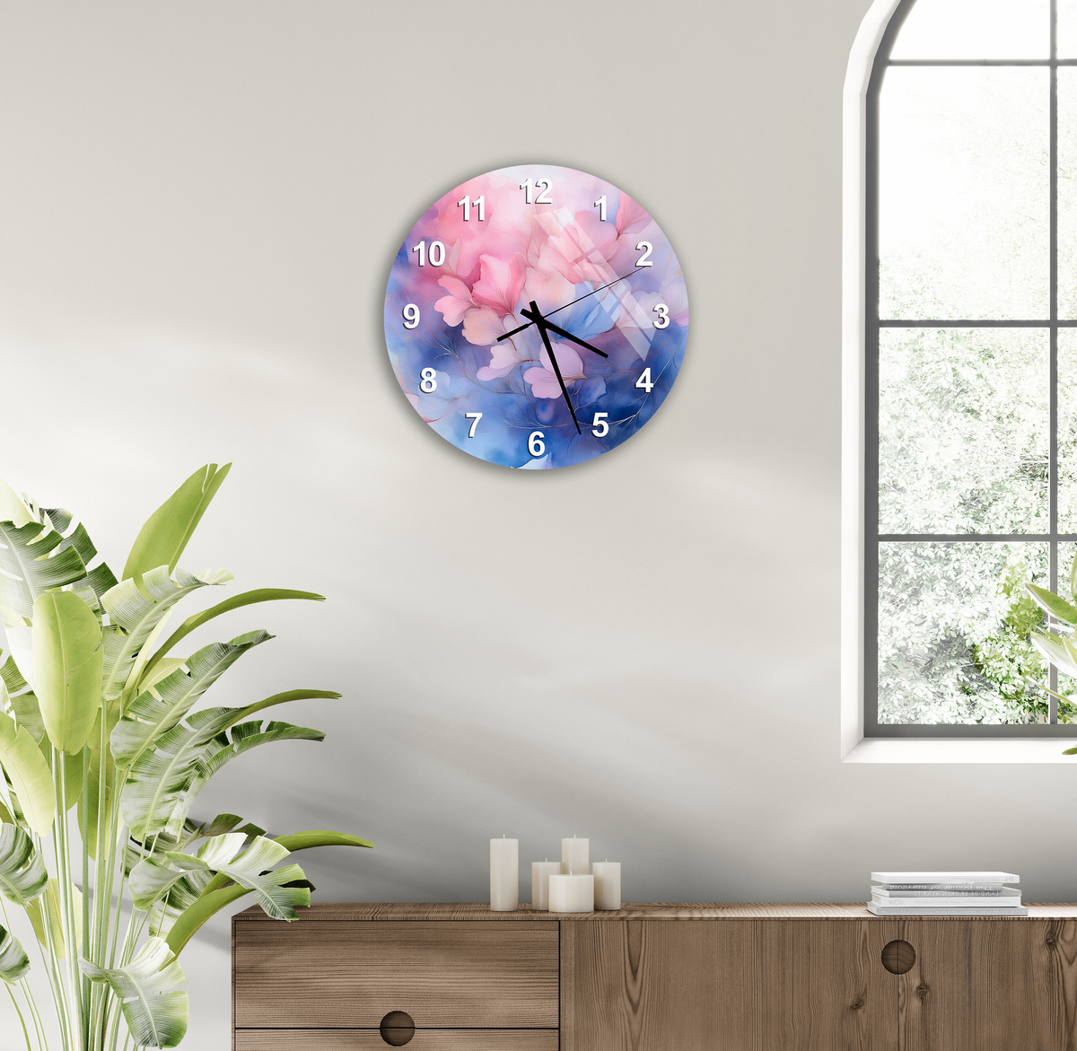 Tempered Glass Wall Clock Watercolor Pink and Blue Floral Design Wall Art