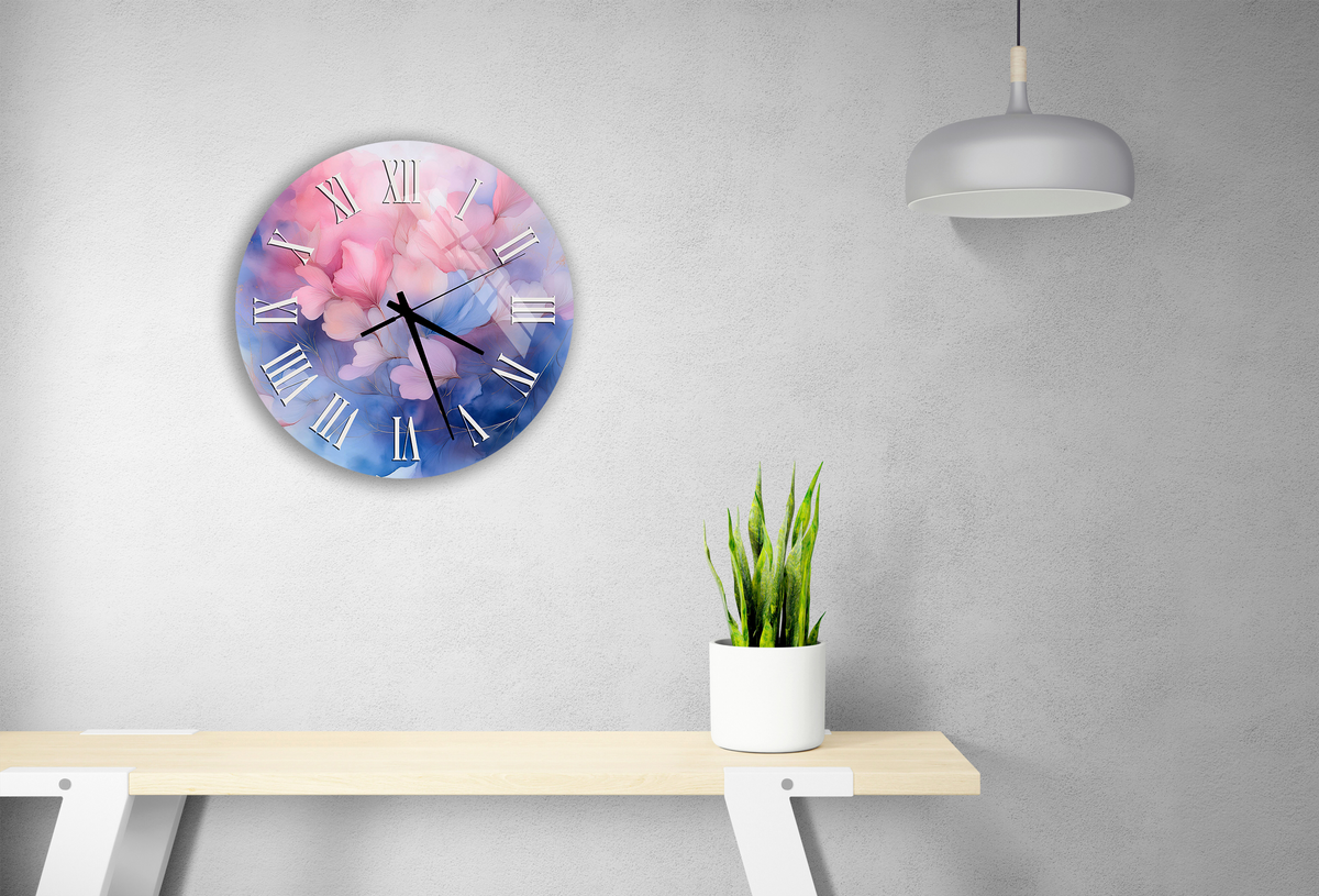 Tempered Glass Wall Clock Watercolor Pink and Blue Floral Design Wall Art