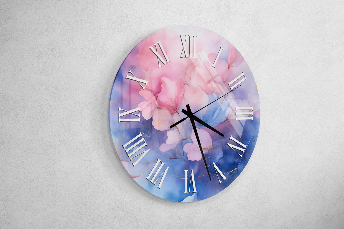 Tempered Glass Wall Clock Watercolor Pink and Blue Floral Design Wall Art