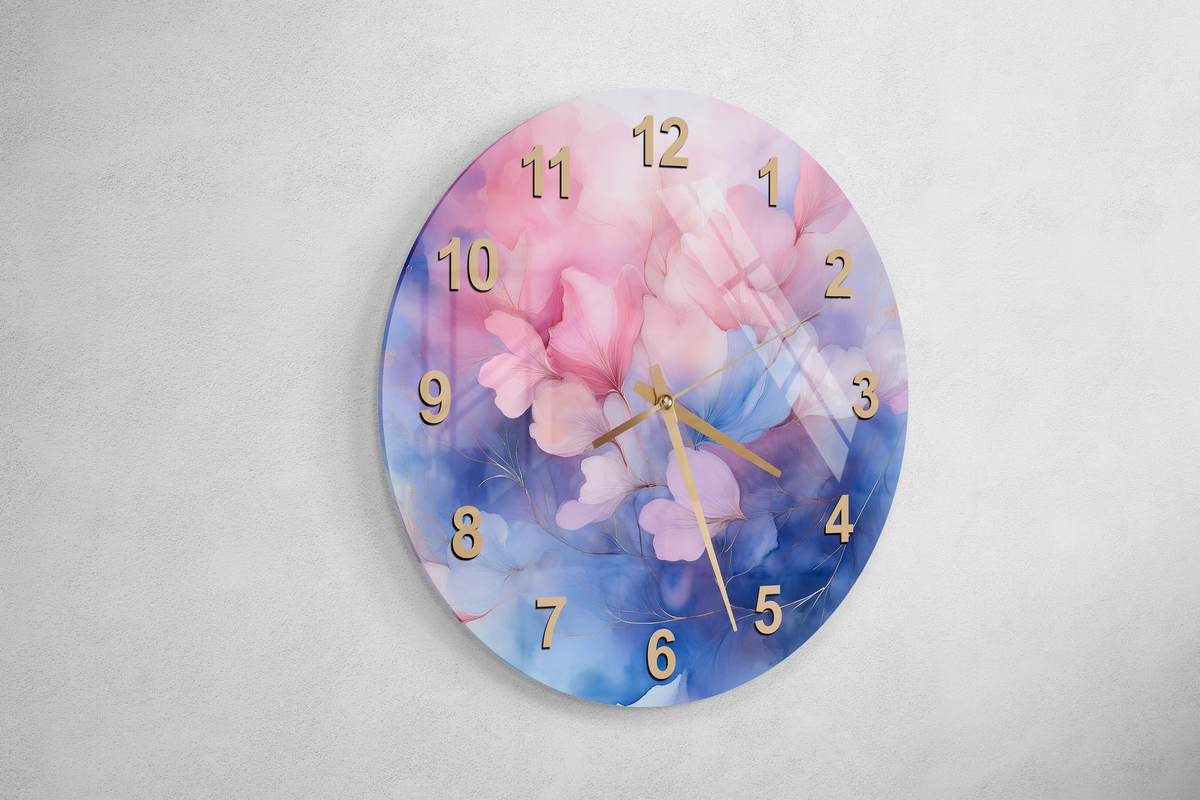 Tempered Glass Wall Clock Watercolor Pink and Blue Floral Design Wall Art