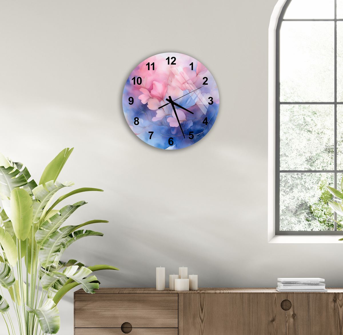 Tempered Glass Wall Clock Watercolor Pink and Blue Floral Design Wall Art