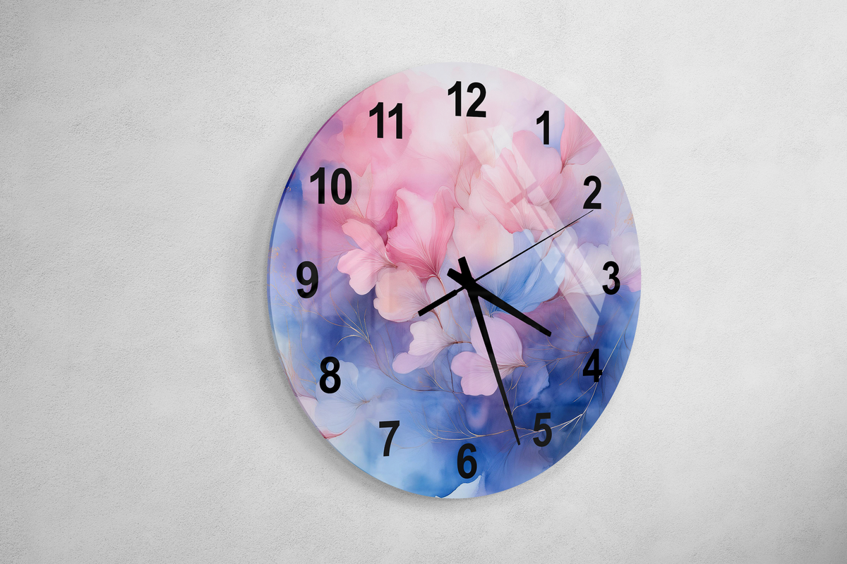 Tempered Glass Wall Clock Watercolor Pink and Blue Floral Design Wall Art