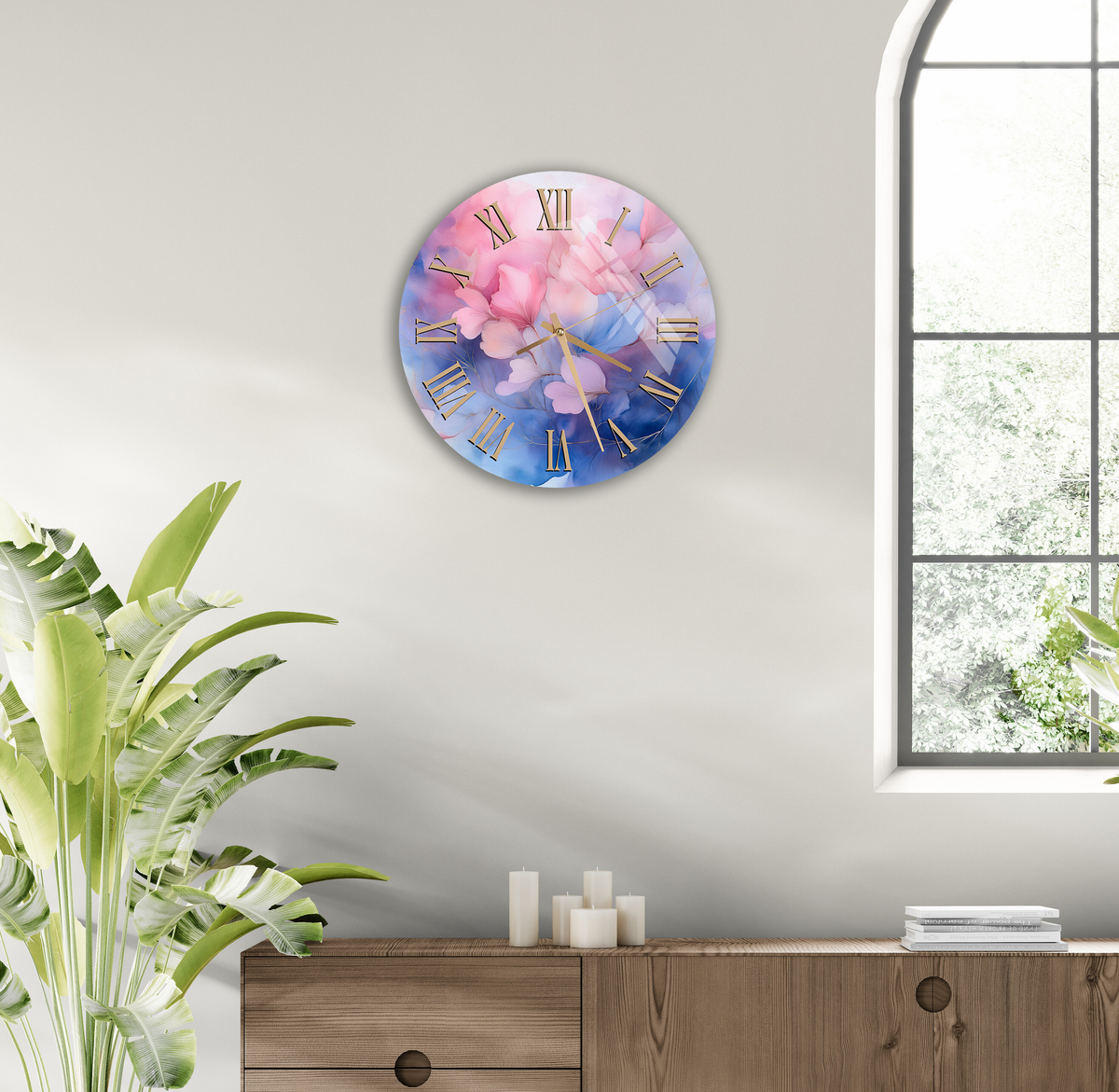 Tempered Glass Wall Clock Watercolor Pink and Blue Floral Design Wall Art
