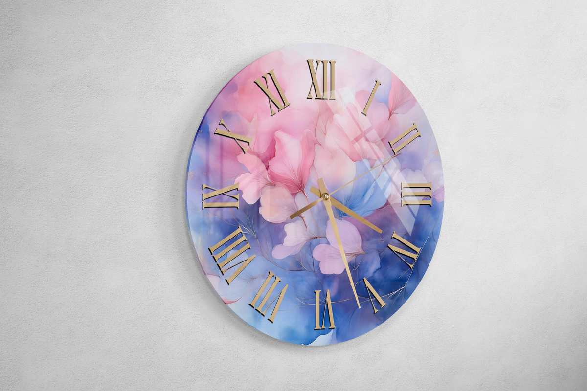 Tempered Glass Wall Clock Watercolor Pink and Blue Floral Design Wall Art