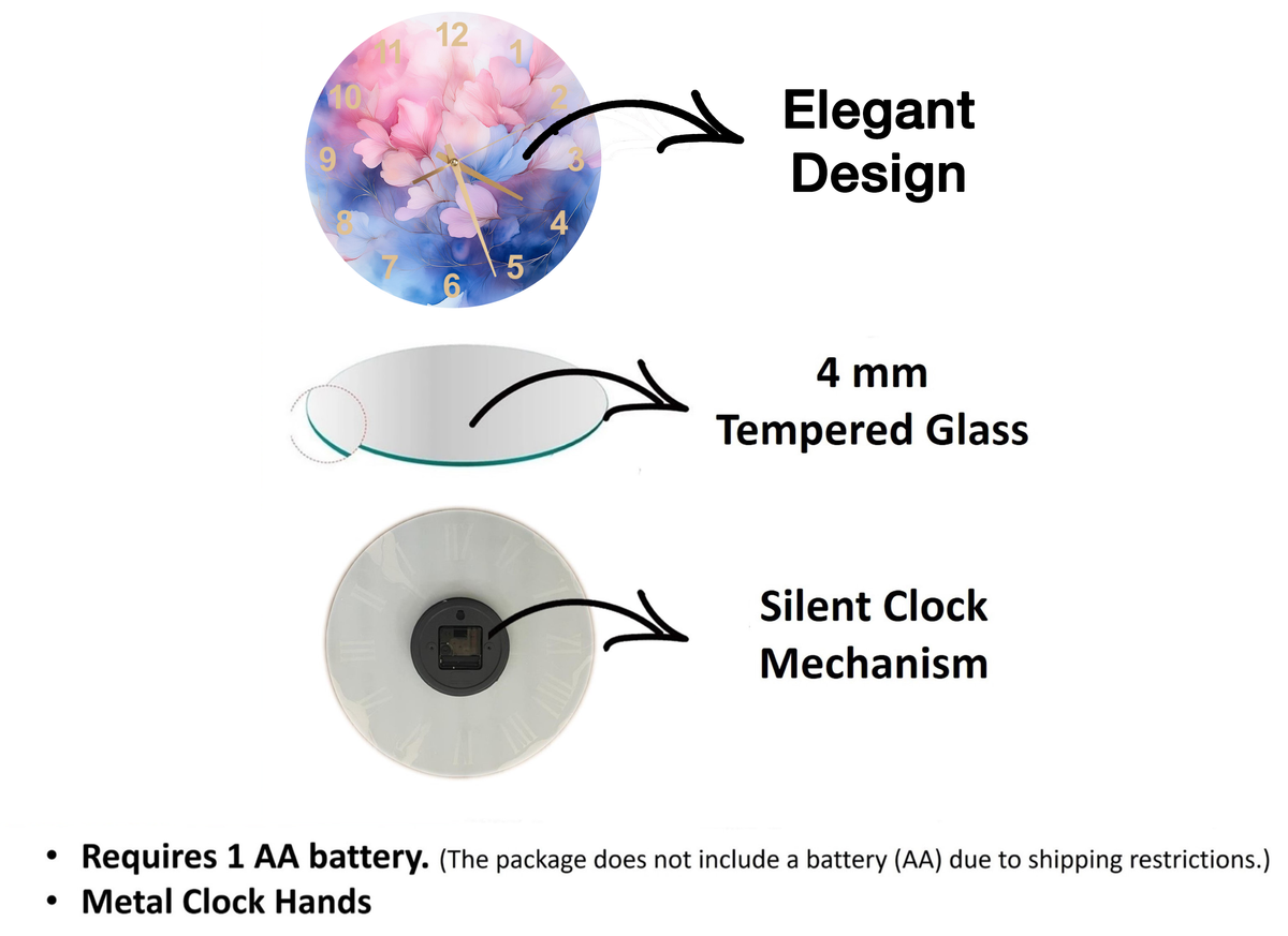 Tempered Glass Wall Clock Watercolor Pink and Blue Floral Design Wall Art