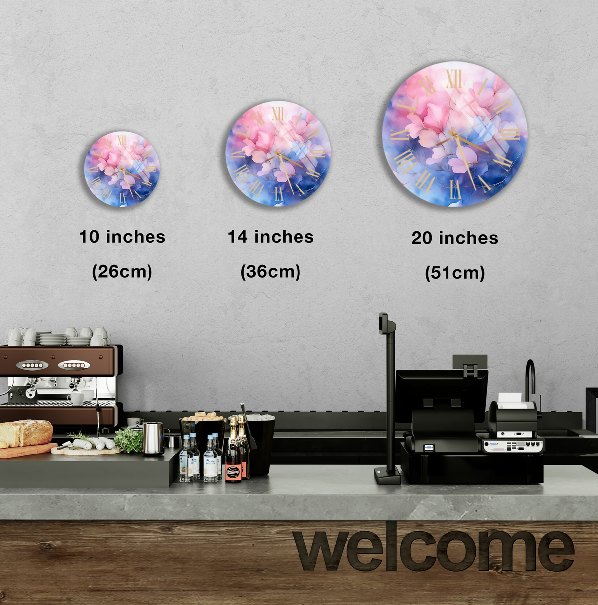 Tempered Glass Wall Clock Watercolor Pink and Blue Floral Design Wall Art