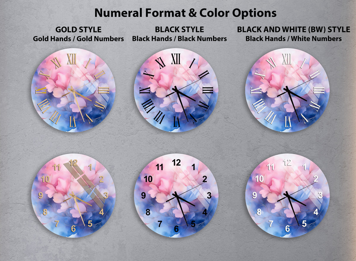Tempered Glass Wall Clock Watercolor Pink and Blue Floral Design Wall Art