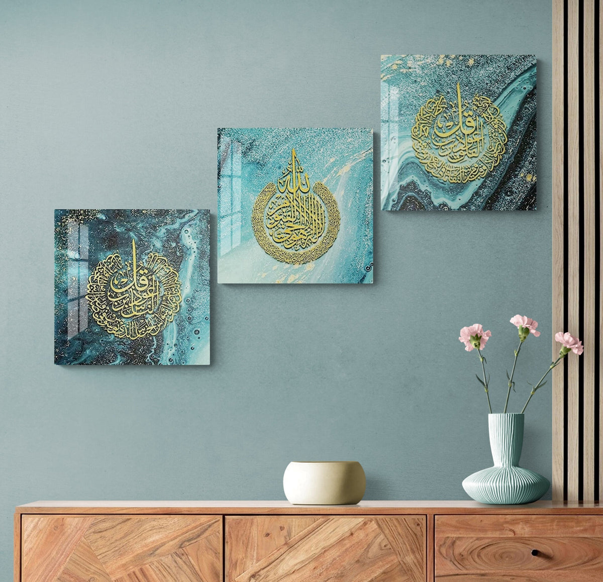 Glass Ayatul Kursi Islamic Wall Art with Al Falaq and Al Nas Arabic Calligraphy